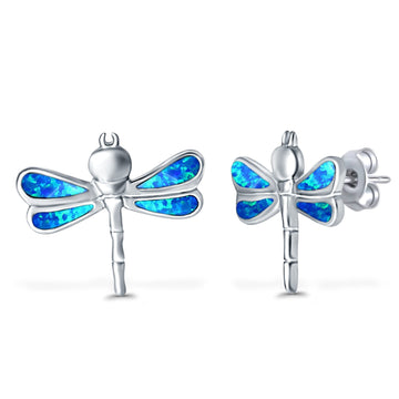 Dragonfly Stud Earring Lab Created Blue Opal Simulated CZ 925 Sterling Silver (16mm)